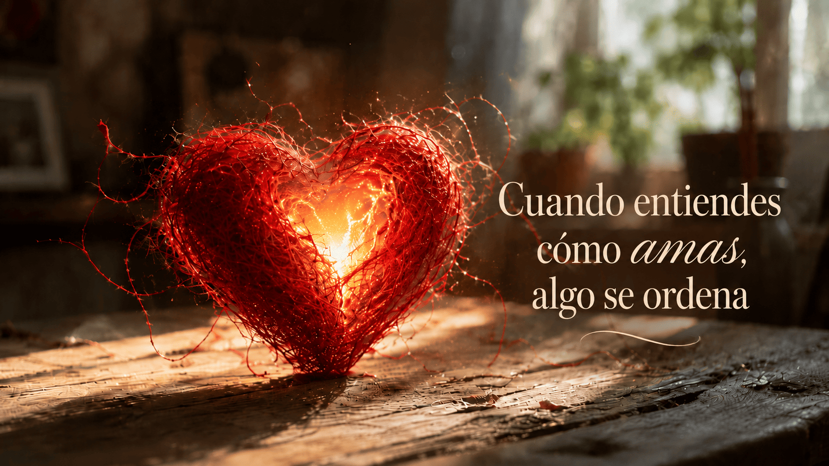 Claridad con Amor · Cuando entiendes cómo amas, algo se ordena | Marta Vilches Corazón rojo de hilos iluminado desde el interior como símbolo de comprender cómo amas y ordenar tus emociones