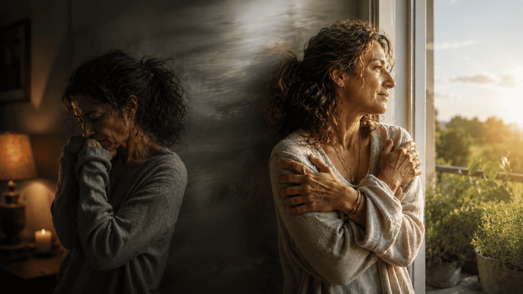 Claridad con Amor · Cuando el miedo aparece en los vínculos | Marta Vilches Mujer entre una vivencia de miedo y otra de calma, como símbolo de cómo reaccionamos en los vínculos aunque exista amor