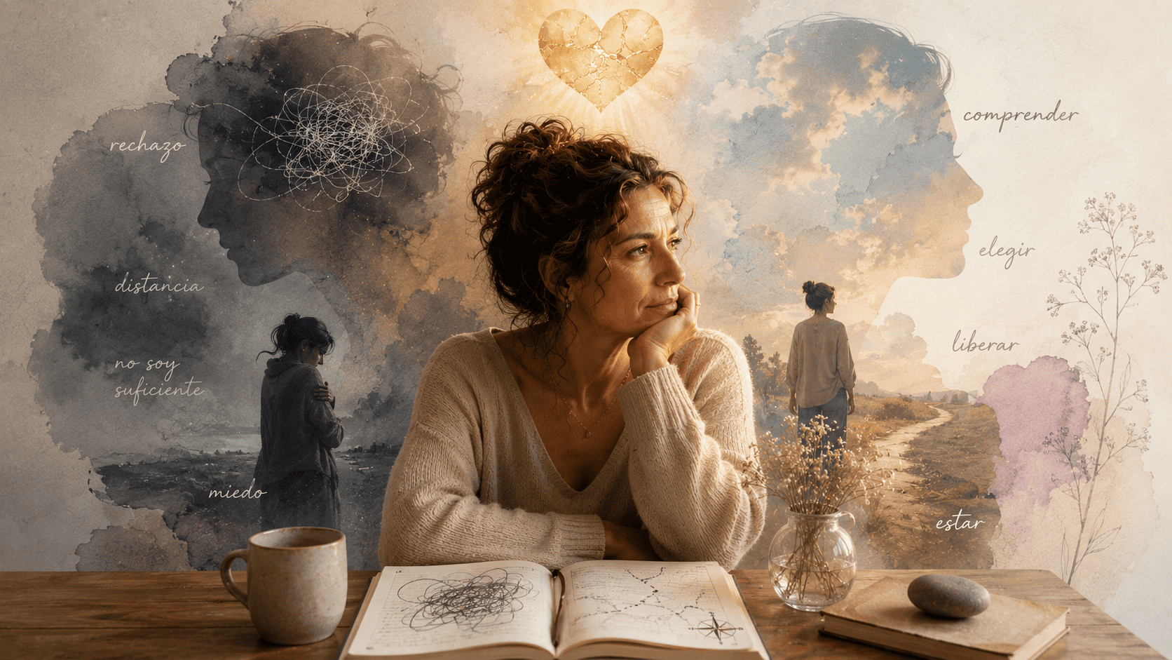 Claridad con Amor · Comprender tus patrones de relación | Marta Vilches Mujer reflexionando sobre miedo, rechazo y distancia como símbolos de patrones emocionales en sus relaciones