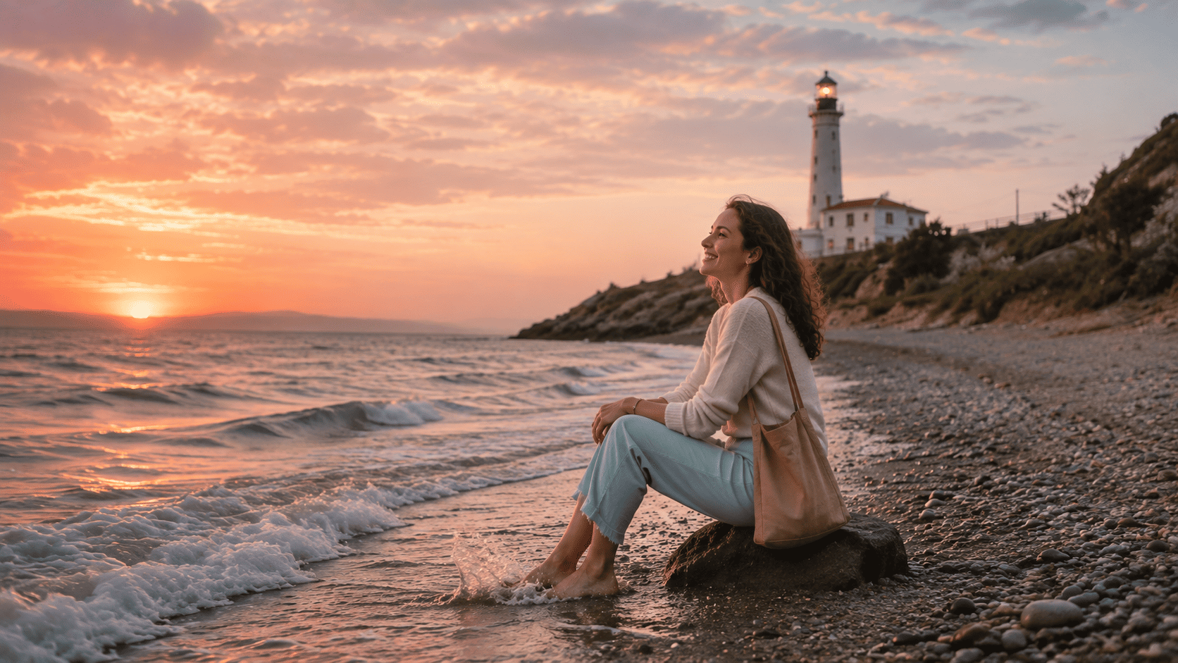 Claridad Ikigai – Encontrar dirección sin tener todas las respuestas Mujer sentada junto al mar con los pies en el agua mirando sonriente hacia el horizonte y un faro como símbolo de claridad, dirección y propósito.
