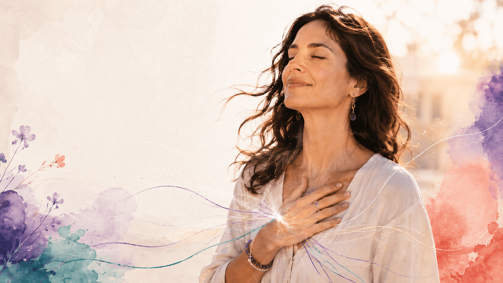 Claridad Ikigai – Volver a escucharte Mujer con los ojos cerrados y la mano sobre el pecho, rodeada de acuarelas y líneas de color como símbolo de volver a escucharse y recuperar claridad interior.