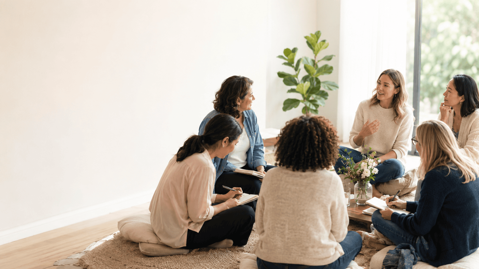 Claridad Ikigai – Escucha, reflexión y propósito Grupo de mujeres participando en un encuentro de reflexión, escritura y diálogo como parte de un proceso de escucha personal y búsqueda de propósito.