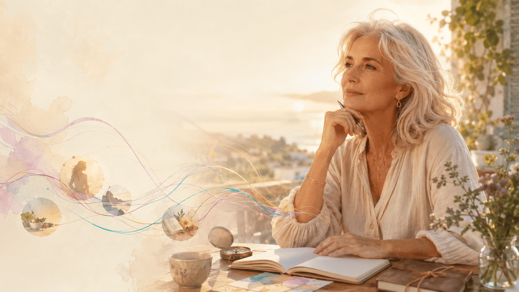 Claridad Ikigai · Propósito de vida y dirección personal Mujer de cabello blanco reflexionando frente a un cuaderno y una brújula mientras distintas escenas simbolizan caminos, intereses y propósito de vida.