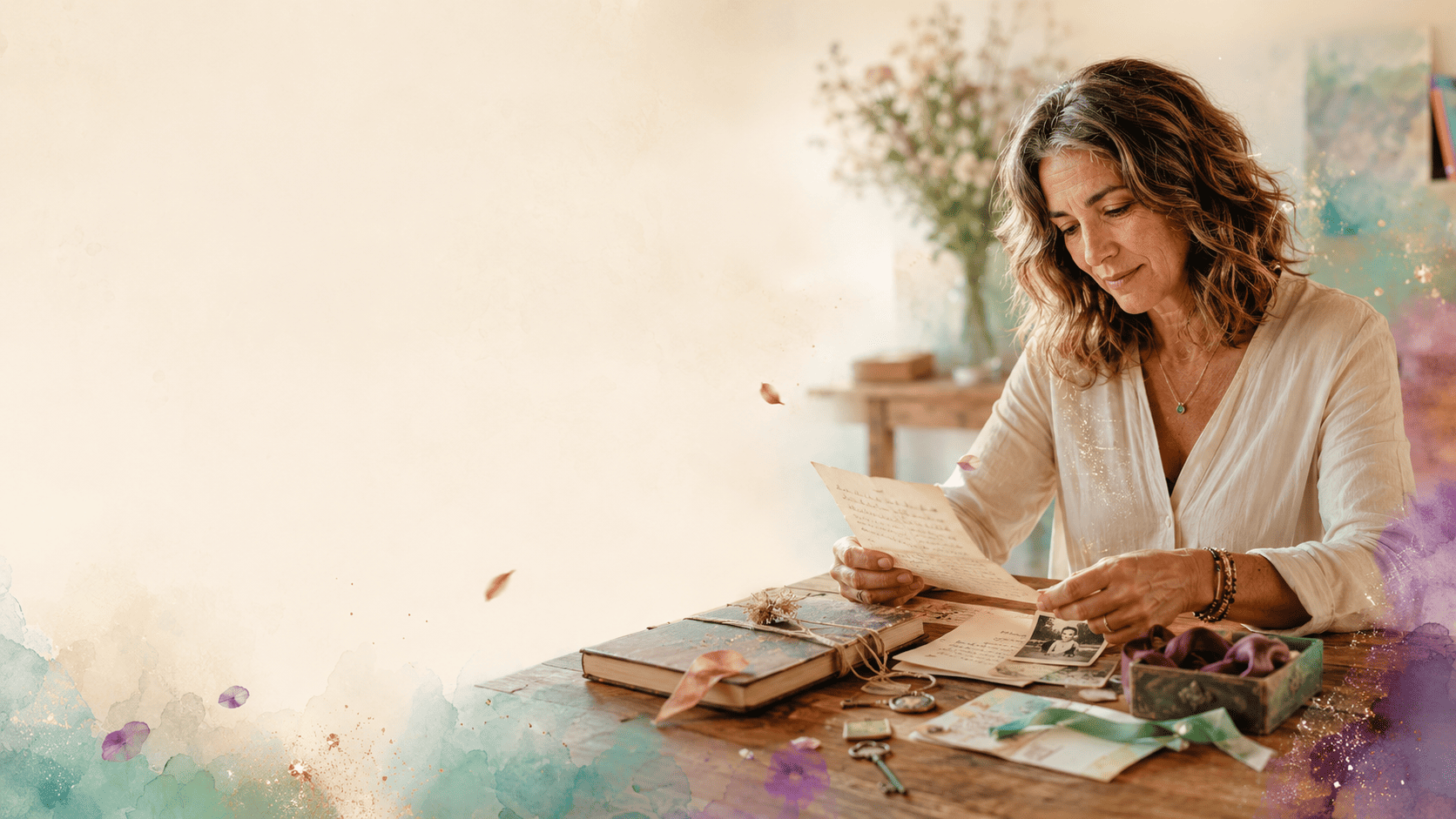 Mujer revisando cartas, recuerdos y pequeños objetos personales sobre una mesa como símbolo de comprender qué terminó, qué permanece y qué puede soltarse al cerrar un ciclo.