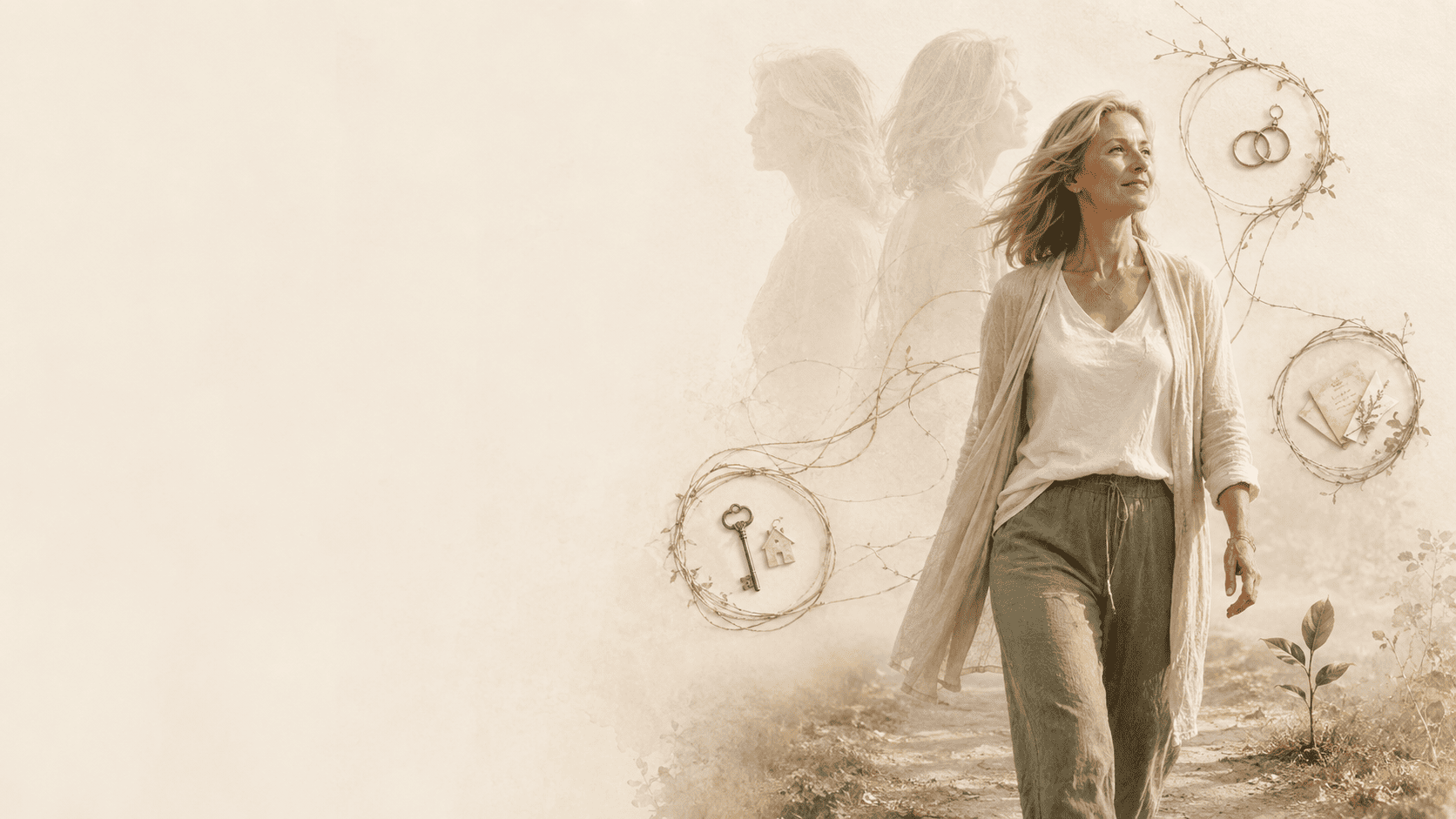 Mujer caminando con serenidad mientras a su alrededor aparecen símbolos de recuerdos, vínculos y etapas ya vividas.