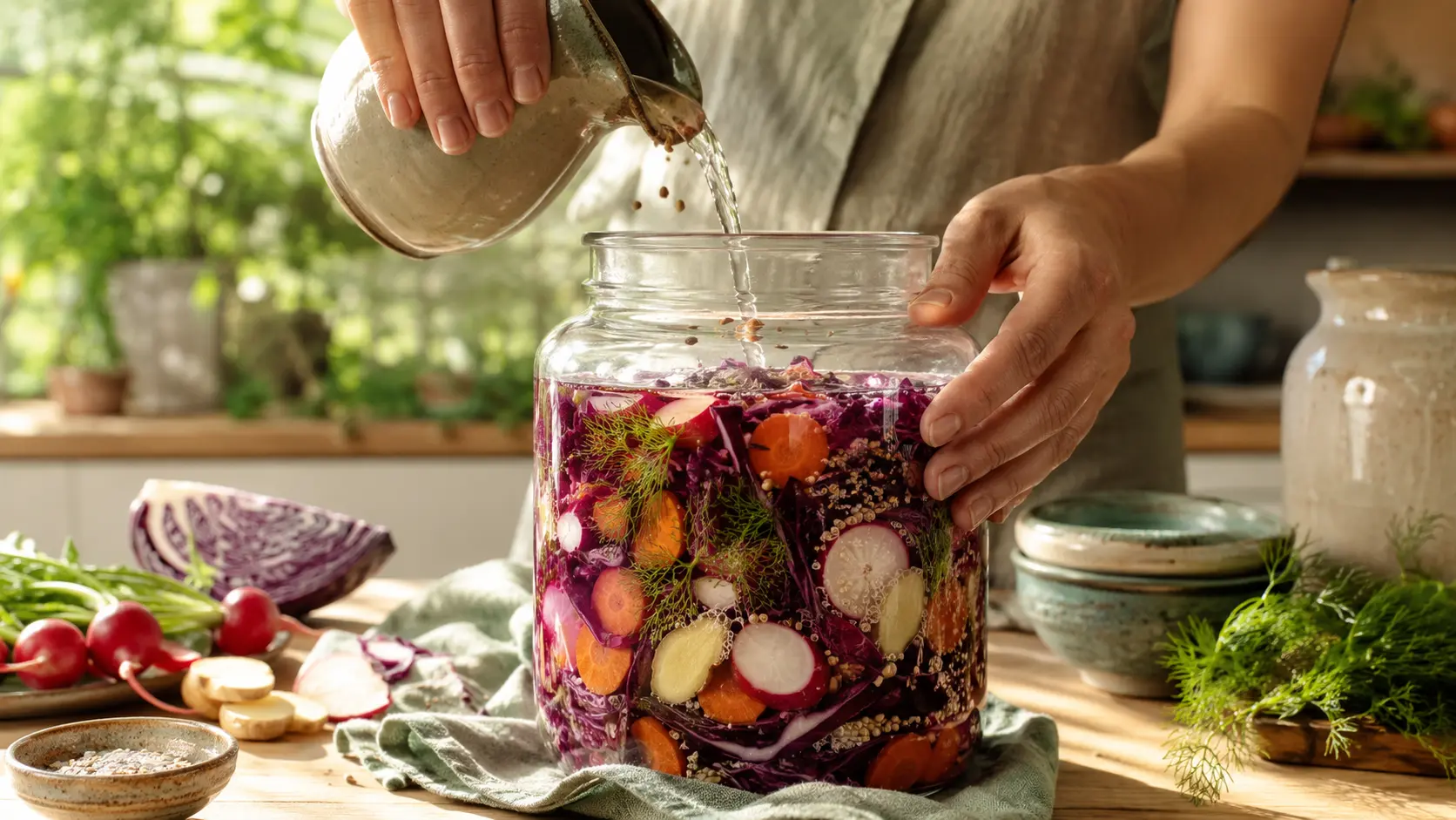 Manos vertiendo salmuera en un tarro de fermentación vegetal con lombarda y rabanitos