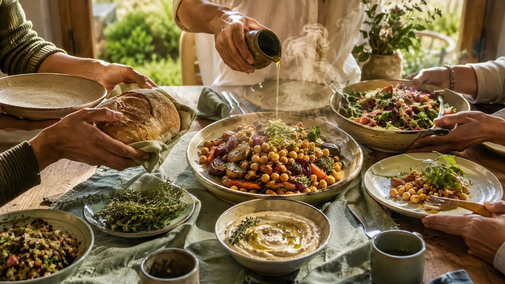 Manos compartiendo platos de garbanzos, verduras, pan y hummus en una mesa cálida