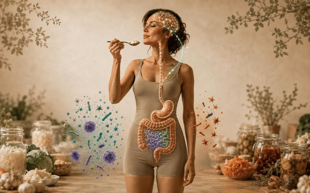 Mujer mostrando la conexión entre el cerebro, el estómago, los intestinos y la microbiota