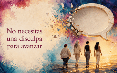 `Cuatro mujeres avanzan mientras una gran burbuja de diálogo vacía se abre, símbolo de seguir adelante sin una disculpa