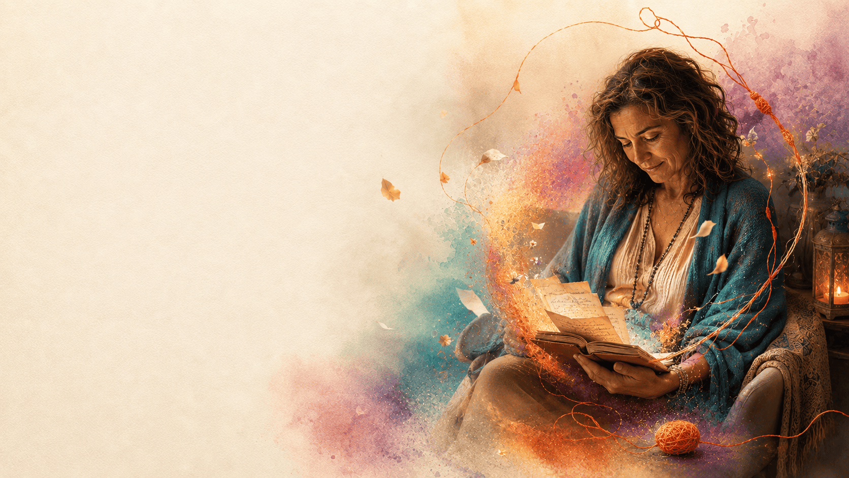 Mujer leyendo cartas y páginas personales rodeada de hilos luminosos y color como símbolo de una historia íntima que puede ser mirada con cuidado.